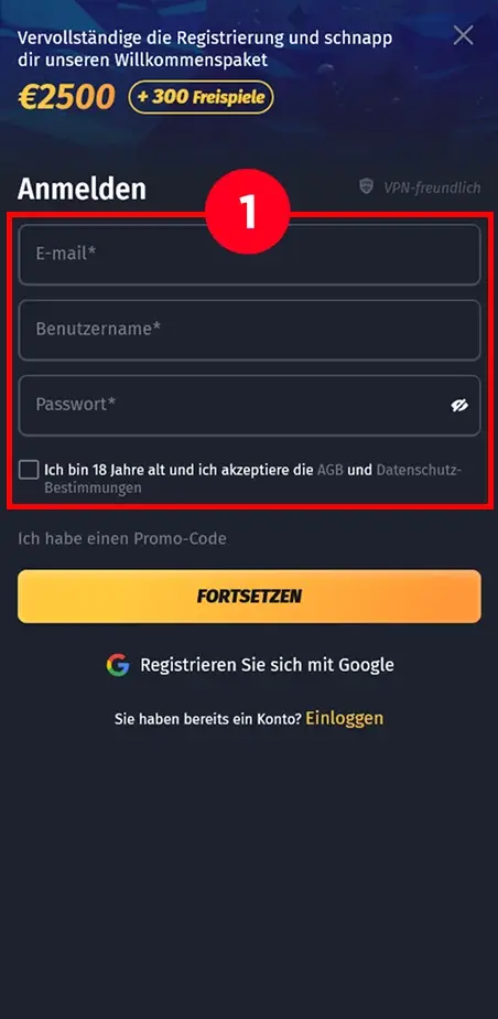 Wähle ein empfohlenes Online Casino und registriere
