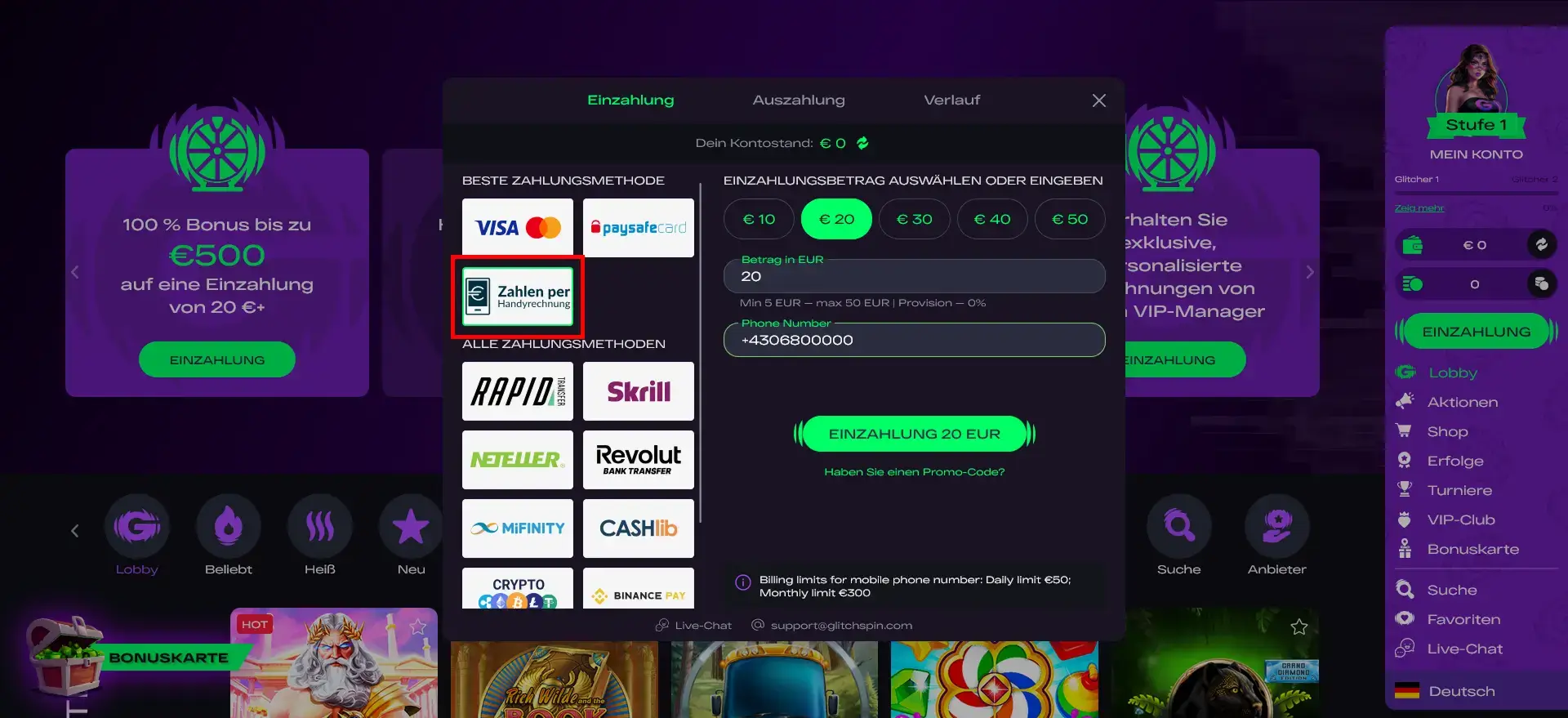 GlitchSpin Casino - Neueste Casinos per Telefonrechnung bezahlen
